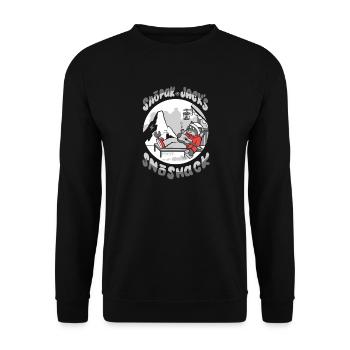 Wolf entspannt sich im Snōpack Jacks Snōshack - Unisex Pullover - Schwarz - Vorne - Alina (178cm) & Michal (187cm)