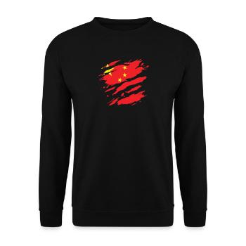 China - Nationalfahne, Kratzer, Risse - Unisex Pullover - Schwarz - Vorne - Alina (178cm) & Michal (187cm)