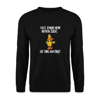 FUN - Falls jemand meine Nerven sucht - AM ENDE - - Unisex Pullover - Schwarz - Vorne - Alina (178cm) & Michal (187cm)