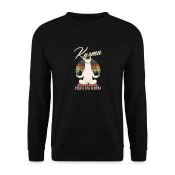 Karma Regelt Das Schon - Yoga Spruch Humor Namaste - Unisex Pullover - Schwarz - Vorne - Alina (178cm) & Michal (187cm)
