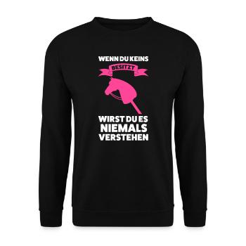 Hobby Horsing Pferd Steckenpferd Geschenk - Unisex Pullover - Schwarz - Vorne - Alina (178cm) & Michal (187cm)