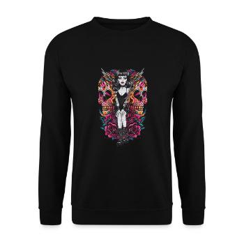Gothic Tattooed Frau mit Kunstwerk und Rosen - Unisex Pullover - Schwarz - Vorne - Alina (178cm) & Michal (187cm)