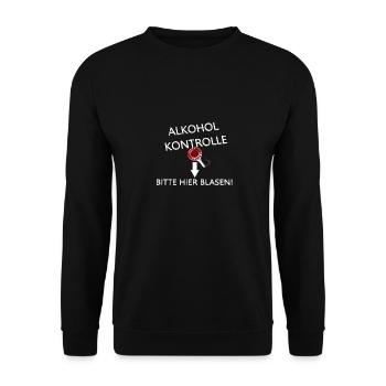 Alkohol Kontrolle - Bitte hier blasen Spruch - Unisex Pullover - Schwarz - Vorne - Alina (178cm) & Michal (187cm)