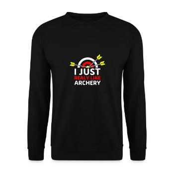 Bogenschießen ich mag Archery - Unisex Pullover - Schwarz - Vorne - Alina (178cm) & Michal (187cm)