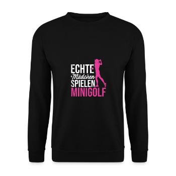 Echte Mädchen Spielen Minigolf Golfspieler Golfen - Unisex Pullover - Schwarz - Vorne - Alina (178cm) & Michal (187cm)