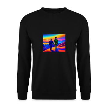 Liebespaar auf farbenfrohem Berg - Unisex Pullover - Schwarz - Vorne - Alina (178cm) & Michal (187cm)