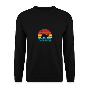 Retro Katze: Cat + Companion = Catpanion - Unisex Pullover - Schwarz - Vorne - Alina (178cm) & Michal (187cm)