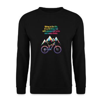 Lebendiges Mountainbike-Zitat-Design - Unisex Pullover - Schwarz - Vorne - Alina (178cm) & Michal (187cm)