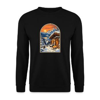 Alpenchalet bei Sonnenuntergang Reiseplakat - Unisex Pullover - Schwarz - Vorne - Alina (178cm) & Michal (187cm)
