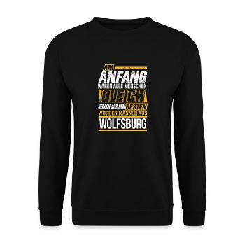 WOLFSBURG wo die Besten Männer herkommen - Unisex Pullover - Schwarz - Vorne - Alina (178cm) & Michal (187cm)