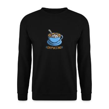 Catpuccino - lustige Katze in Kaffee - Cappuccino - Unisex Pullover - Schwarz - Vorne - Alina (178cm) & Michal (187cm)