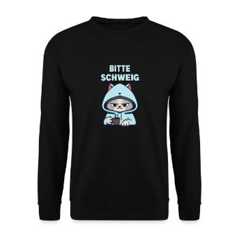 Bitte Schweig ! Kaffee Spruch Katzen T-Shirt - Unisex Pullover - Schwarz - Vorne - Alina (178cm) & Michal (187cm)