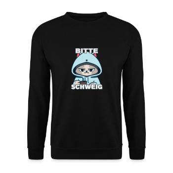 Bitte Schweig ! Kaffee Spruch Katzen T-Shirt - Unisex Pullover - Schwarz - Vorne - Alina (178cm) & Michal (187cm)