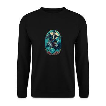 Skelett im Anzug reitet Pferd Cool Comic Cartoon - Unisex Pullover - Schwarz - Vorne - Alina (178cm) & Michal (187cm)