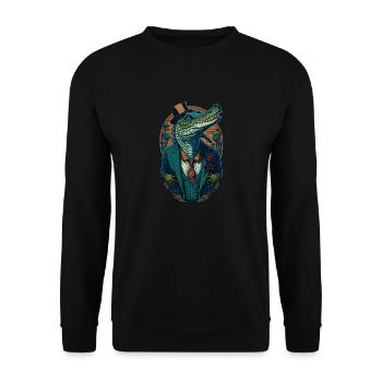 Krokodil mit Hut und Anzug Lustic Comic Style - Unisex Pullover - Schwarz - Vorne - Alina (178cm) & Michal (187cm)