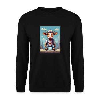 Comic Kuh auf Skateboard - Unisex Pullover - Schwarz - Vorne - Alina (178cm) & Michal (187cm)