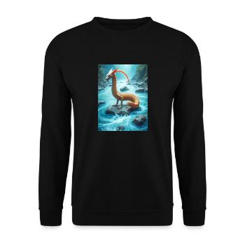 Nguruvilu, Mapuche-Fischfuchs der chilenischen Flussfolklore - Unisex Pullover - Schwarz - Vorne - Alina (178cm) & Michal (187cm)