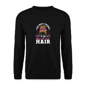 Die besten Dinge im Leben bringen dein Haar - Unisex Pullover - Schwarz - Vorne - Alina (178cm) & Michal (187cm)