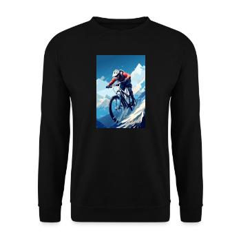 Artwork: Mountainbiker in rasanter Abfahrt - Unisex Pullover - Schwarz - Vorne - Alina (178cm) & Michal (187cm)