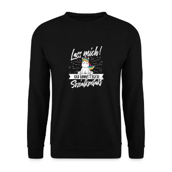 Lass mich unnötiger Sozialkontakt Einhorn Humor - Unisex Pullover - Schwarz - Vorne - Alina (178cm) & Michal (187cm)