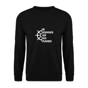 In Gedanken auf den Planken Seefahrerspruch - Unisex Pullover - Schwarz - Vorne - Alina (178cm) & Michal (187cm)