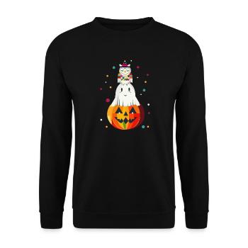 Owl and Ghost on the Pumpkin – Halloween Motif - Unisex Sweatshirt - black - Front - Alina (178cm) & Michal (187cm)