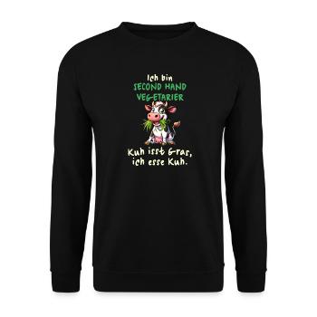 Second Hand Vegetarier – Lustiges Kuh-Design - Unisex Pullover - Schwarz - Vorne - Alina (178cm) & Michal (187cm)