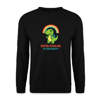Erster Schultag | Dino mit Ranzen & Regenbogen - Unisex Pullover - Schwarz - Vorne - Alina (178cm) & Michal (187cm)
