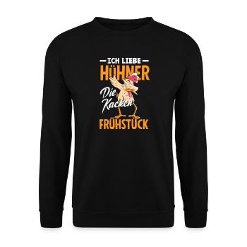 Ich liebe Hühner – die kacken Frühstück - Unisex Pullover - Schwarz - Vorne - Alina (178cm) & Michal (187cm)