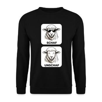 Schaf Unschaf - Wortspiel mit unscharf und Schaf - Unisex Pullover - Schwarz - Vorne - Alina (178cm) & Michal (187cm)