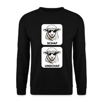 Schaf Unschaf - Wortspiel mit unscharf und Schaf - Unisex Pullover - Schwarz - Vorne - Alina (178cm) & Michal (187cm)