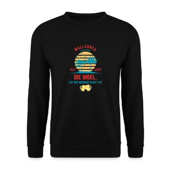 Retro Mallorca-Party-Motiv-Party-Crew - Unisex Pullover - Schwarz - Vorne - Alina (178cm) & Michal (187cm)