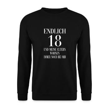 18. Geburtstag Endlich 18 Geschenk - Unisex Pullover - Schwarz - Vorne - Alina (178cm) & Michal (187cm)