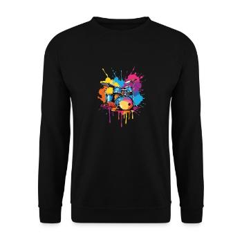 Schlagzeug auf bunten Farbklecksen - Unisex Pullover - Schwarz - Vorne - Alina (178cm) & Michal (187cm)