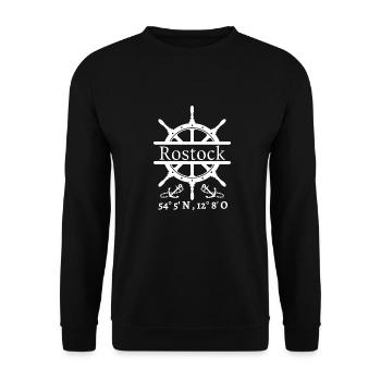 Rostock-Steuerrad, Anker & Koordinaten-Hansestadt - Unisex Pullover - Schwarz - Vorne - Alina (178cm) & Michal (187cm)