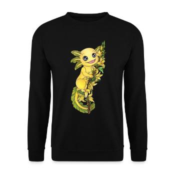 Axolotl in Gelb mit Frühblüher Forsythie Blume - Unisex Pullover - Schwarz - Vorne - Alina (178cm) & Michal (187cm)
