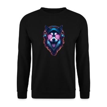Fröhlicher Hund mit Sonnenbrille und Kopfhörer - Unisex Pullover - Schwarz - Vorne - Alina (178cm) & Michal (187cm)