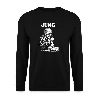 Carl Gustav Jung drinking a coffee - Unisex Sweatshirt - black - Front - Alina (178cm) & Michal (187cm)