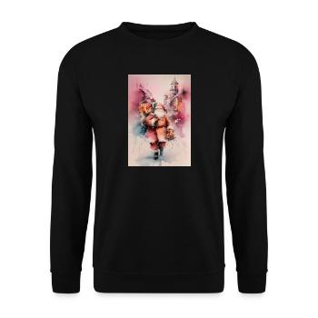 Städtischer Aquarell-Weihnachtsmann und Geschenke - Unisex Pullover - Schwarz - Vorne - Alina (178cm) & Michal (187cm)
