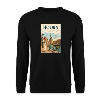 Entdecken Sie den Vintage Harbor of Hoorn in den Niederlanden - Unisex Pullover - Schwarz - Vorne - Alina (178cm) & Michal (187cm)