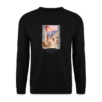 Oia Griechenland Blaue Kuppeln und Meeresblick - Unisex Pullover - Schwarz - Vorne - Alina (178cm) & Michal (187cm)