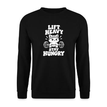 Lift Heavy Stay Hungry Katze - Unisex Pullover - Schwarz - Vorne - Alina (178cm) & Michal (187cm)