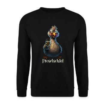 Lustiges Huhn mit Prosecco für den Mädelsabend - - Unisex Pullover - Schwarz - Vorne - Alina (178cm) & Michal (187cm)
