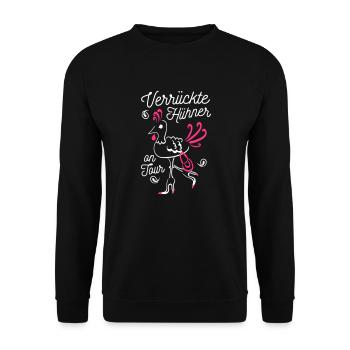 JGA verrückte Hühner on Tour - Unisex Pullover - Schwarz - Vorne - Alina (178cm) & Michal (187cm)