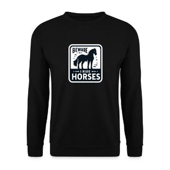 Vorsicht, ich reite Pferde - Unisex Pullover - Schwarz - Vorne - Alina (178cm) & Michal (187cm)