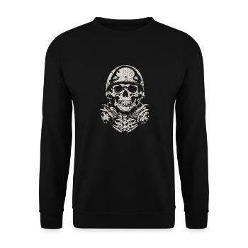 Skull mit Helm - Unisex Pullover - Schwarz - Vorne - Alina (178cm) & Michal (187cm)