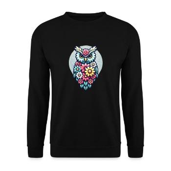 Bunte Blumen Eule - Unisex Pullover - Schwarz - Vorne - Alina (178cm) & Michal (187cm)
