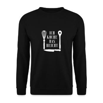 Ich koche das reicht - Küchenutensilien und Spruch - Unisex Pullover - Schwarz - Vorne - Alina (178cm) & Michal (187cm)