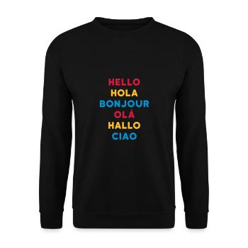 ★ Designfarben änderbar ★ Hello Hola Bonjour Olá - Unisex Pullover - Schwarz - Vorne - Alina (178cm) & Michal (187cm)