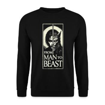 From Man to Beast - Werwolf Verwandlung T-Shirt - Unisex Pullover - Schwarz - Vorne - Alina (178cm) & Michal (187cm)